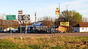 The intersection of U.S. Route 127, Kentucky Route 1076 and Tennessee State Route 111 in Static, as seen from.the Kentucky side prior to 2011