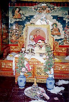 Throne awaiting Dalai Lama's return. Summer residence Nechung. 1993