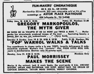 Village Voice ad for the Film-makers' Cinematheque. June 17, 1965. p. 15