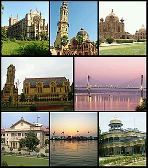 Clockwise from top left: Montage of Allahabad: clockwise from top left: All Saints Cathedral, Muir Central College of Allahabad University, Khusro Bagh, New Yamuna Bridge, Anand Bhavan, Triveni Sangam, Allahabad High Court, Thornhill Mayne Memorial
