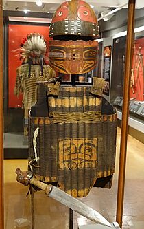 Armor, helmet, visor, and dagger, Tlingit, Alaska, wood, twine, leather, imported steel - Native American collection - Peabody Museum, Harvard University - DSC05990