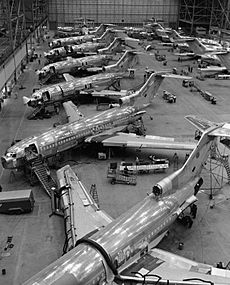 Black and white image of Boeing 727 production