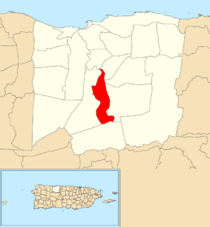 Location of Carreras within the municipality of Arecibo shown in red