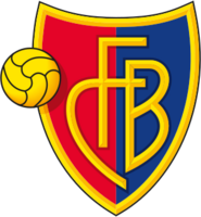 FC Barel crest of a shield, the left half red and the right half blue. The shield is outlined with gold and in the centre in gold letters it reads "FCB". On the left side of the logo is a gold football.