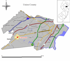 Map of Fanwood in Union County. Inset: Location of Union County highlighted in the State of New Jersey.