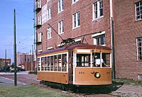 Fort Smith Birney streetcar 224 behind Museum of History (1997).jpg