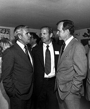 George Bush and James Baker visit with US Senator Paul Laxalt (R-Nev) during the 1980 campaign