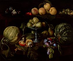 Giovanni Battista Crescenzi - Figs on a Tazza with Pears, Quinces, Melons, Plums, Mushrooms on a Table, with Figs, Cherries, Peaches, and Acorns on a Ledge Above - 2012.273 - Museum of Fine Arts