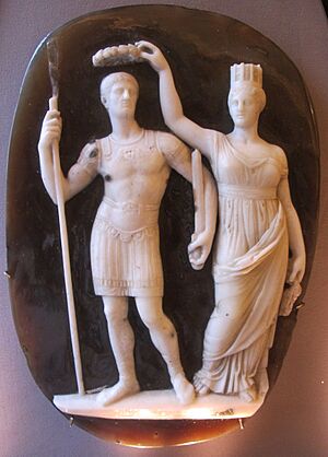 Glittica romana, costantino e la tyche di costantinopoli, sardonice IV sec