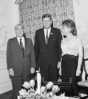 John F. Kennedy with Arthur B. Krim and Dr. Mathilde Krim in New York City JFKWHP-ST-A47-26-62 (cropped)