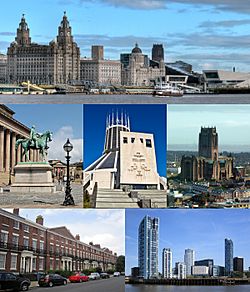 Top: Pier Head and the Mersey FerryMiddle: St George's Hall, the Metropolitan Cathedral, and the Anglican CathedralBottom: the Georgian Quarter and Prince's Dock