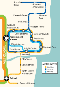 A schematic rail map featuring light blue, dark blue, and yellow lines in a loop formation, showing an overview of 21 stations.