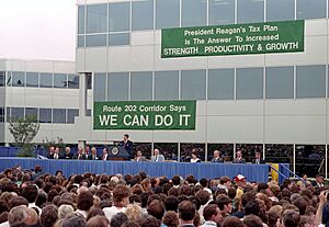 President Ronald Reagan speaking at a podium in Malvern, Pennsylvania