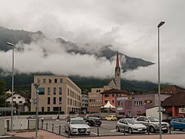 Schaan, die Pfarrkirche Sankt Laurentius in straatzicht foto7 2014-07-21 10.12.jpg