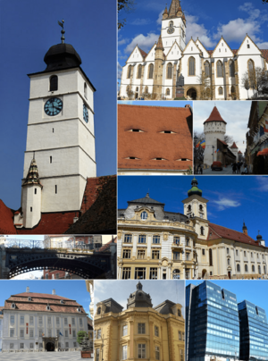 From top, left to right: Council Tower (town symbol) • Lutheran Cathedral • Eyes of Sibiu • Medieval fortifications • Bridge of Lies • Town hall and Jesuit Church • Brukenthal Palace • Neo-Baroque palace • modern high-rise buildings