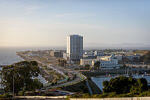 The western side of Treasure Island as seen from Yerba Buena Island. Faintly visible in the distance are the Richmond–San Rafael Bridge and Brickyard Cove.