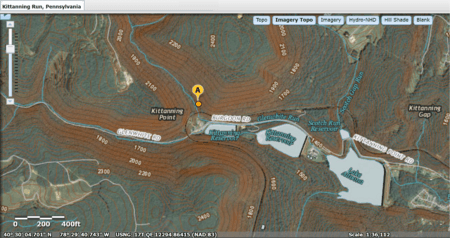 USGS National Map viewer showing Kittanning Run, Pennsylvania location near Altoona--MIxed Mode topo+Sat