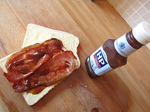 -2019-09-04 Bacon sandwich with HP sauce, Cromer