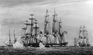 Commodore Decatur’s Squadron capturing the Algerian pirate ship Mashuda, on 17 June 1815 (NH 63488)