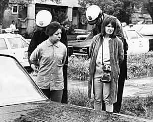 Founding co-editor of La Raza Ruth Robinson (right) with Margarita Sanchez at the Belmont High School walkout, part of a series of 1968 student protests for education reform in LA