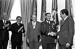 General Alexander Haig being presented with the Distinguished Service Medal by President Richard Nixon at the White House