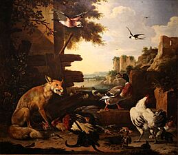 Melchior d'hondecoeter, volpe con gallo morto in un pollaio, 1678 (cropped)