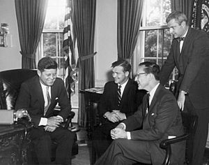 President John F. Kennedy with Governor John B. Swainson and Senator Philip Hart of Michigan