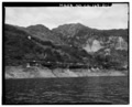 VARIABLE-ANGLE LAUNCHER CAMERA CAR, VIEW OF CAMERA CAR AND TRACK WITH CAMERA STATION ABOVE LOOKING NORTH TAKEN FROM RESERVOIR. - Variable Angle Launcher Complex, Camera Car HAER CAL,19-AZUSA.V,1D-1