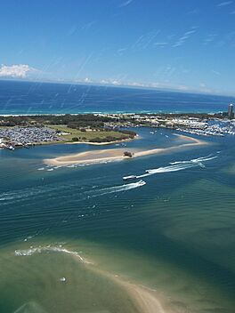 View from a helicopter over Southport across the Broadwater to Main Beach and the Pacific Ocean beyond, 2006