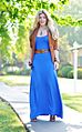 Electric blue maxi dress with cognac accessories