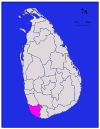 Area map of Galle District, converging inwards from the south west coast, in the Southern Province of Sri Lanka