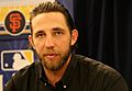 Giants pitcher Madison Bumgarner talks to reporters at 2016 All-Star Game availability. (28517984916)