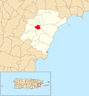 Location of Humacao barrio-pueblo within the municipality of Humacao shown in red