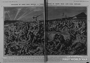 Illustrated London News Arthur Cadwgan Michael illustration of an Ottoman attack on Royal Inniskilling Fusiliers positions near Achi Baba 1915