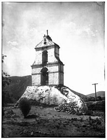 Rear of bell tower at Mission Asistencia of San Antonio at Pala, ca.1888-1903 (CHS-728)