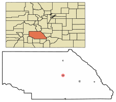 Location of Saguache in Saguache County, Colorado.