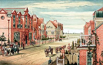 School of Art, Stores and Tabard Inn by Thomas Erat Harrison 1882