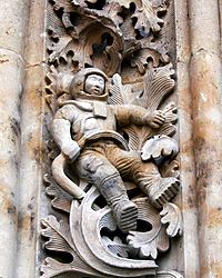 Sculpture of astronaut added to New Cathedral, Salamanca, Spain, during renovations