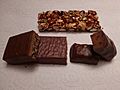 Three protein bars, two cut in half