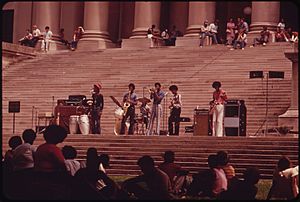 WEST VIRGINIA CELEBRATED ITS 100TH BIRTHDAY IN 1973 WITH ROCK CONCERTS ON THE STEPS OF THE STATE CAPITOL. WEST... - NARA - 551018