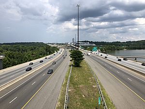 2019-07-04 15 06 33 View north along Interstate 95 and Interstate 495 (Capital Beltway) from the pedestrian overpass for the Woodrow Wilson Bridge Trail in National Harbor, Prince George's County, Maryland
