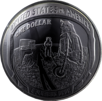 A coin with a scene from the moon landing engraved in it, as well as the words "United States", "One dollar", and the Latin phrase "E Pluribus Unum"