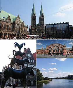 Clockwise from top: Bremer Marktplatz, Bremen Hauptbahnhof, the Werdersee and the Town Musicians statue