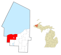 Location within Ontonagon County (red) and the administered community of White Pine (pink)