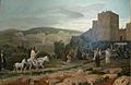 Jesus, riding a donkey colt, rides towards Jerusalem. A large crowd greets him outside the walls