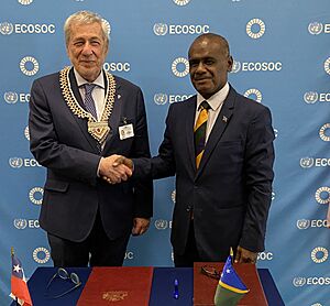 Minister for Foreign Affairs Jeremiah Manele with Foreign Minister of Chile, Alberto van Klaveren during 78th session of the UN General Assembly