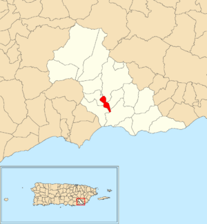 Location of Patillas barrio-pueblo within the municipality of Patillas shown in red