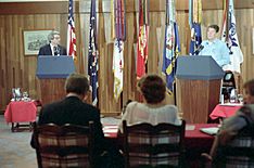 President Ronald Reagan and David Stockman at Camp David