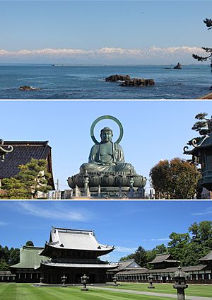 From top: view of Tateyama Mountains from Amaharashi Coast, Takaoka Daibutsu, and Zuiryū-ji