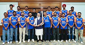 The Prime Minister, Shri Narendra Modi in a group photograph with T 20 World Cup winning team at 7, Lok Kalyan Marg, in New Delhi on July 04, 2024